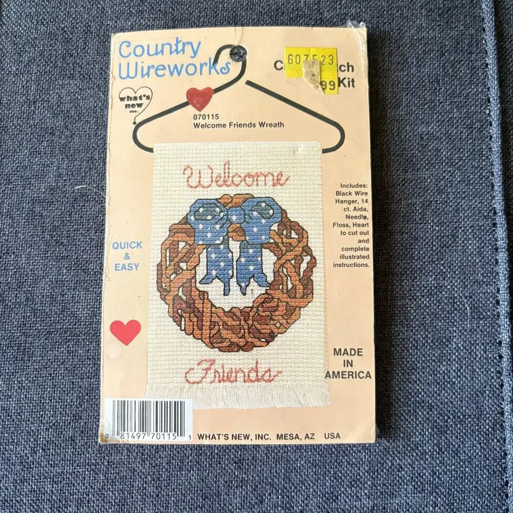 Welcome Friends Wreath Vintage Counted Cross Stitch Kit by Country Wireworks 80s